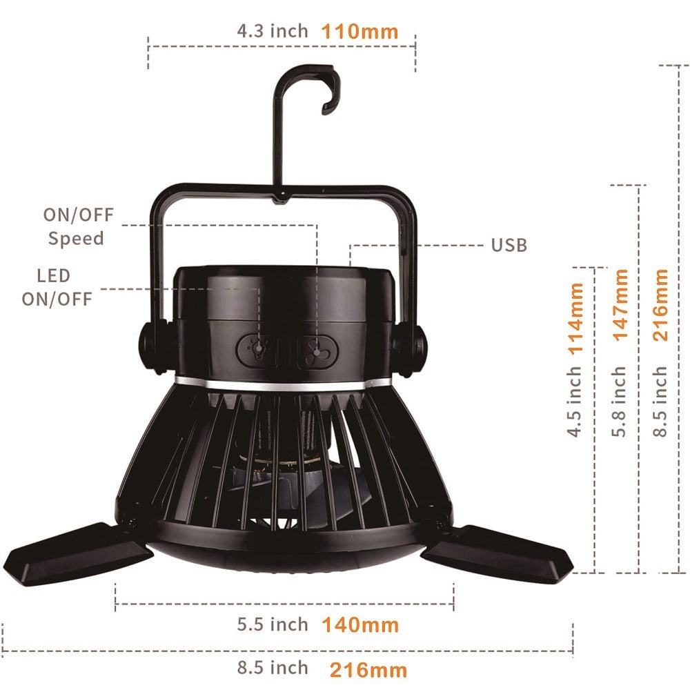 Campingventilator mit LED Licht & Akku – 4 Stufen, solarfähig - ExploreZone