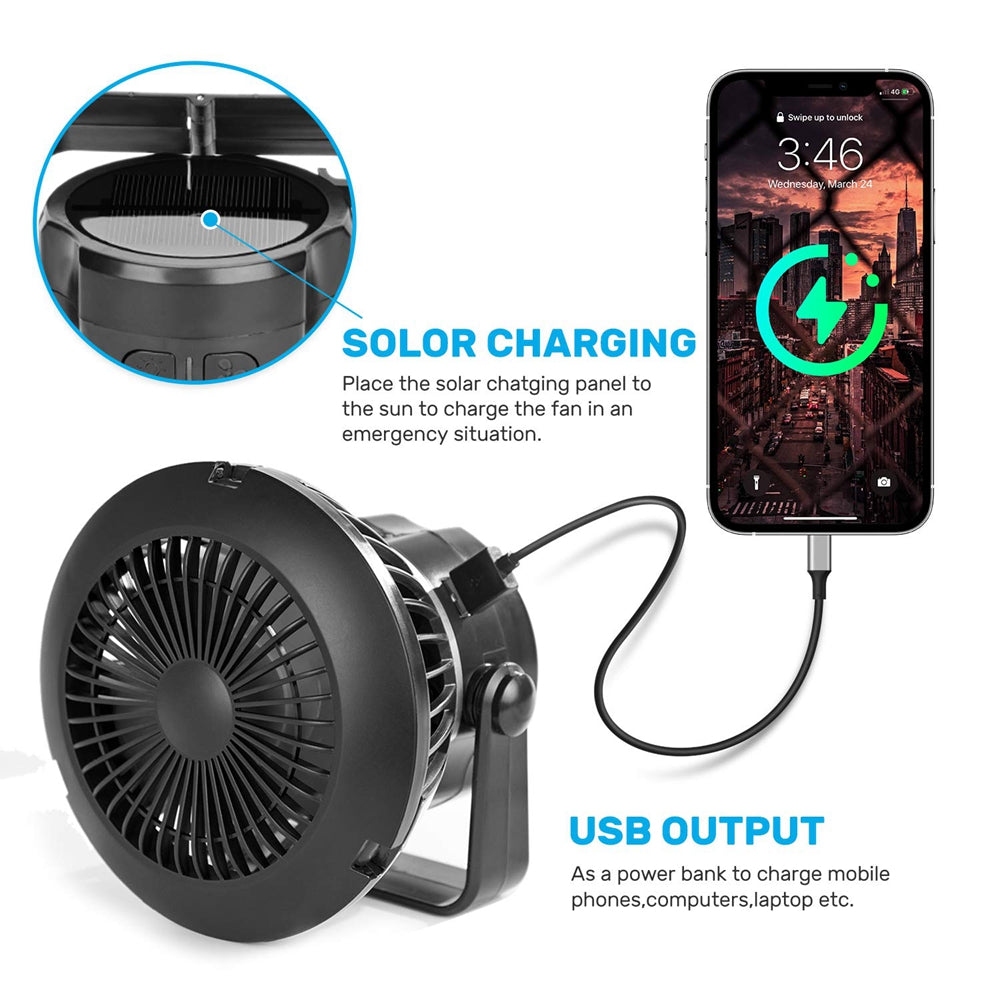 Campingventilator mit LED Licht & Akku – 4 Stufen, solarfähig - ExploreZone