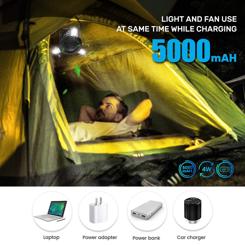 Campingventilator mit LED Licht & Akku – 4 Stufen, solarfähig - ExploreZone