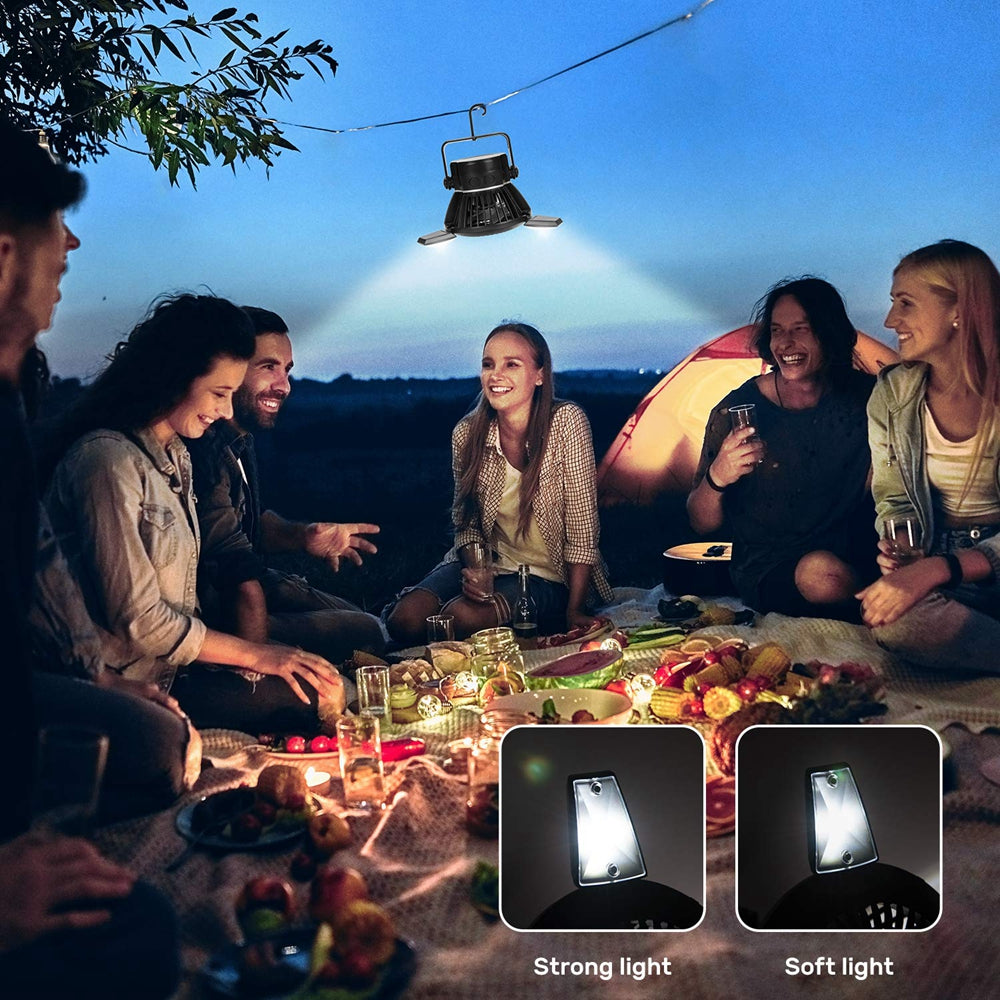 Campingventilator mit LED Licht & Akku – 4 Stufen, solarfähig - ExploreZone