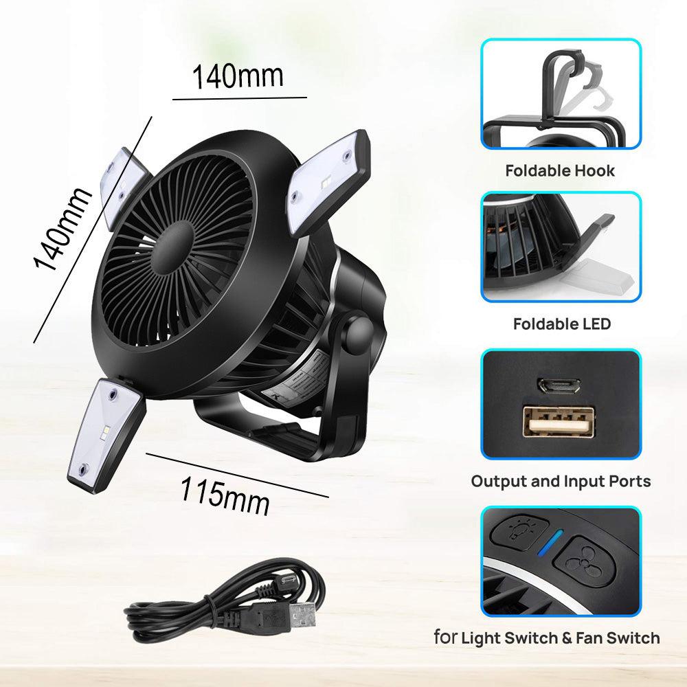 Campingventilator mit LED Licht & Akku – 4 Stufen, solarfähig - ExploreZone