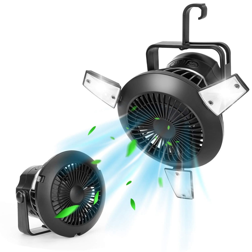 Campingventilator mit LED Licht & Akku – 4 Stufen, solarfähig - ExploreZone